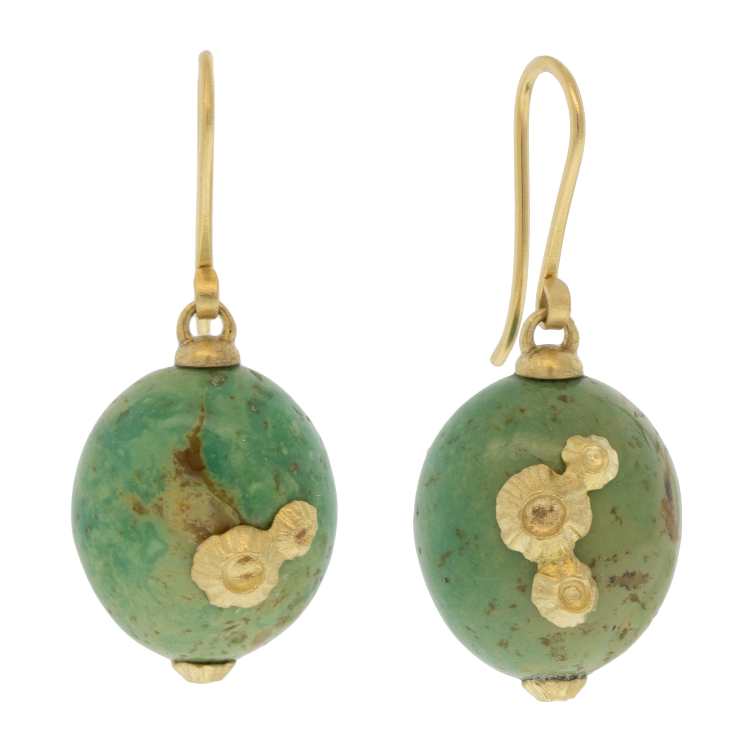 Hannah Blount: Aquifer Kingman Turquoise Ruthie B. Earrings w/ Barnacles, 14k YG
