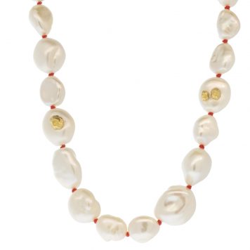 Hannah Blount: Ruthie B. Necklace, Sea Swept Baroque Freshwater Pearls w/ Barnacles, 14k yg, red silk, 35"