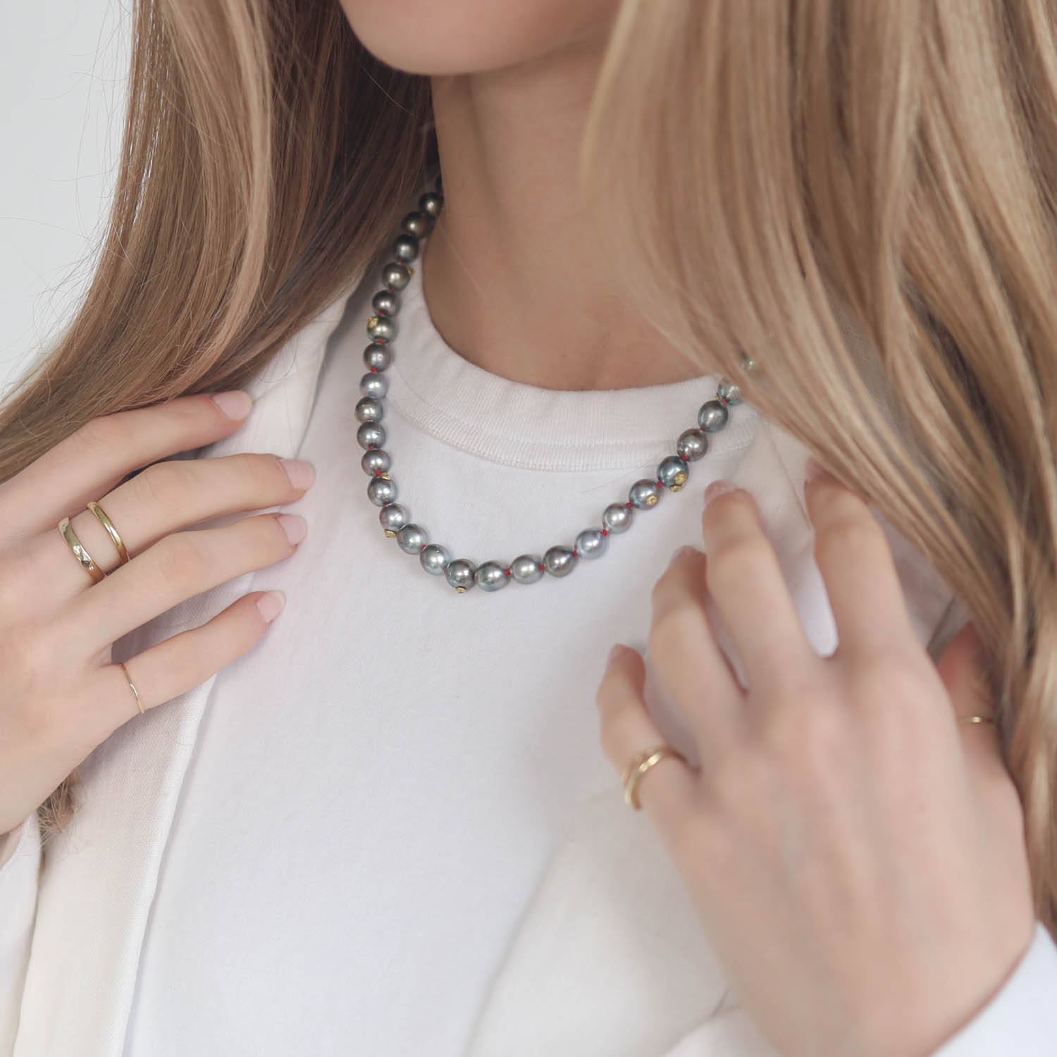 Hannah Blount: Custom Solunar Tide Tahitian Pearl Ruthie B Necklace with Barnacles, Red Silk, 18k, 18"