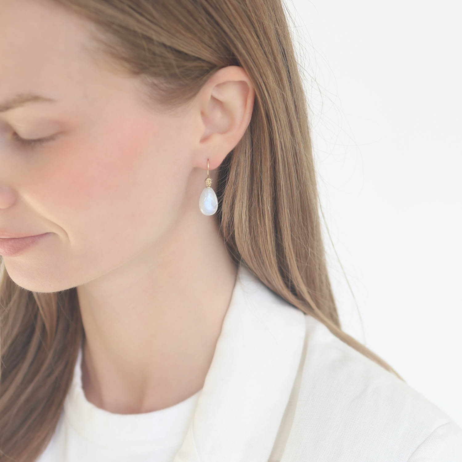 Hannah Blount: Lunar Glow Moonstone Garden Earrings - 14k YG, 1 3/16 x 3/8