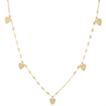 Lana:5 HANGING MINI HEART NECKLACE 16“ w/ JUMP RING AT 15” YELLOW GOLD