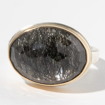 Jamie Joseph: Sterling & 14K Gold Ring w/ Oval Faceted TOURMALINATED QUARTZ on X Band, size 7.25, 1/2" x 11/16"