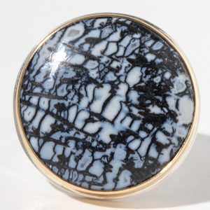 Jamie Joseph:Sterling & 14K Gold Ring w/Round FOSSILIZED PALM WOOD on Heavy Live Edge Band, size 7.75, 7/8" diameter