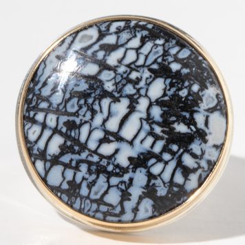 Jamie Joseph:Sterling & 14K Gold Ring w/Round FOSSILIZED PALM WOOD on Heavy Live Edge Band, size 7.75, 7/8" diameter