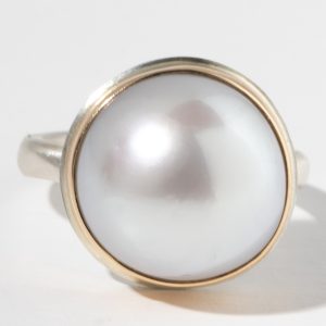 Jamie Joseph:Sterling & 14K Gold Ring w/ White SOUTH SEA PEARL on Middle Organic Band, size 7.25, 9/16" diameter