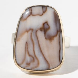 Jamie Joseph: Sterling & 14K Gold Ring w/Vertical Asymmetrical CHANNEL WOOD on comfort Y band, size 7.5, 7/8" x 11/16"