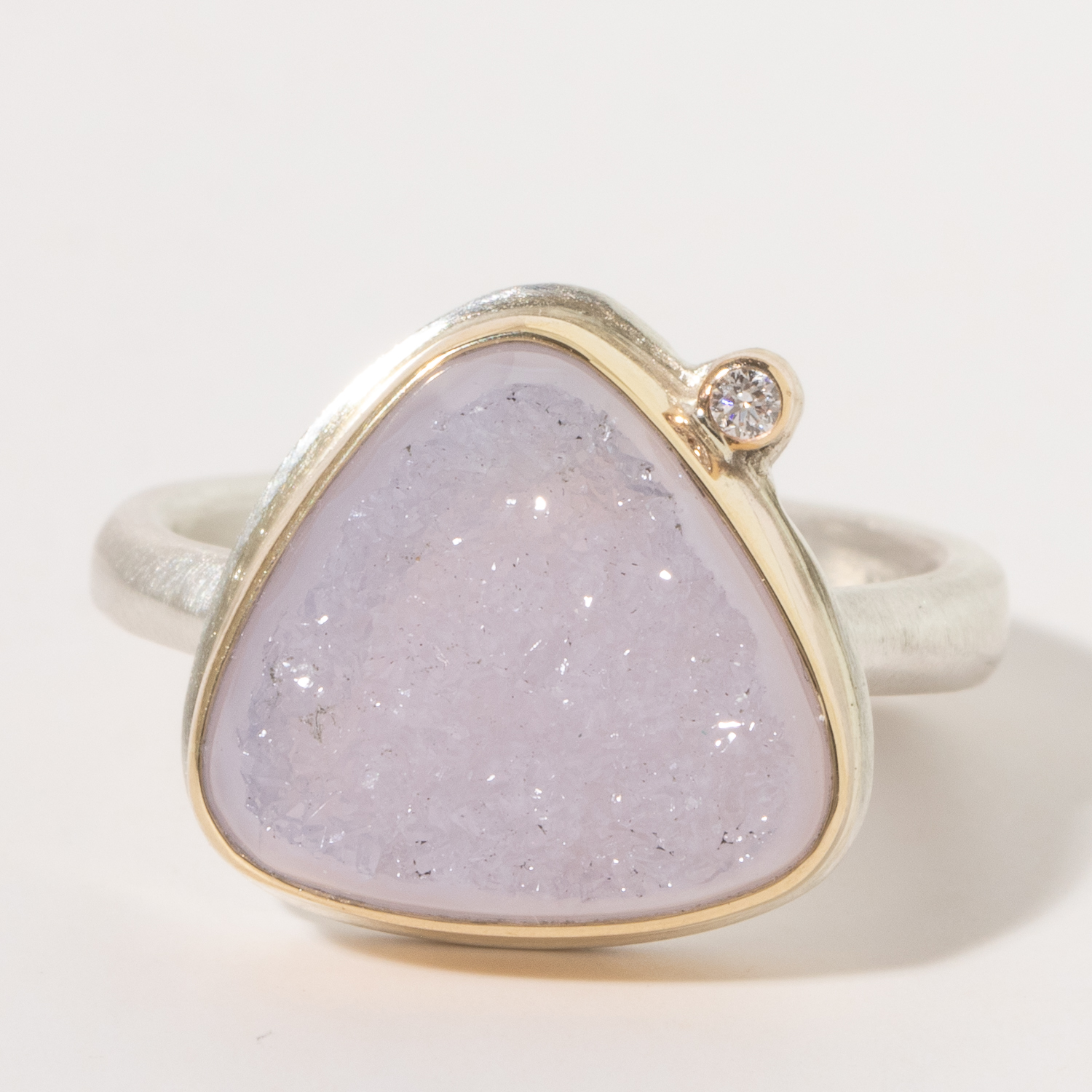 Jamie Joseph:Sterling & 14K Gold Ring w/ Small Asymmetrical BRAZILIAN WHITE/PINKISH DRUSY & .025 ct Satellite Diamond on Egyptian Band, size 7.25, 1/2 x 1/2