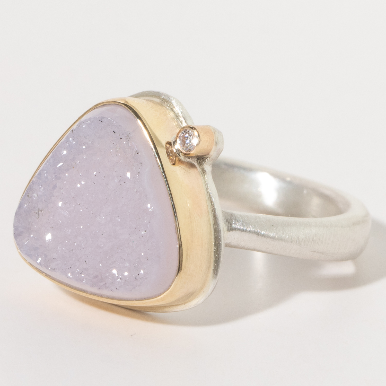 Jamie Joseph:Sterling & 14K Gold Ring w/ Small Asymmetrical BRAZILIAN WHITE/PINKISH DRUSY & .025 ct Satellite Diamond on Egyptian Band, size 7.25, 1/2 x 1/2