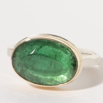 Jamie Joseph:Sterling & 14K Gold Ring w/ Oval Table Up GREEN TOURMALINE on Skinny Live Edge Band, size 7.25, 3/8 x 9/16