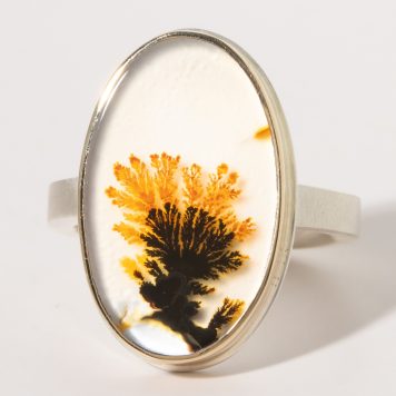 Jamie Joseph:Sterling & 14K Gold Ring w/ Vertical Oval DENDRITIC AGATE on X Band, size 7.5, 13/16 x 1/2
