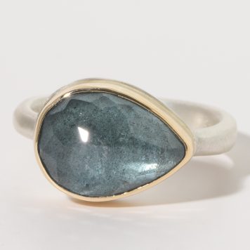 Jamie Joseph:Sterling & 14K Gold Ring w/ Teardrop Inverted MOSS AQUAMARINE on Egyptian Band, size 7.5, 3/8 x 1/2