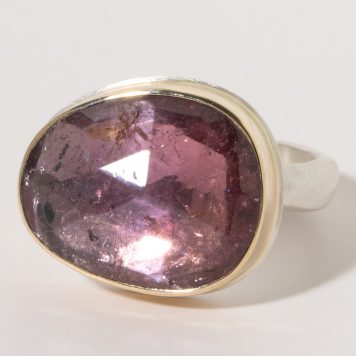 Jamie Joseph:Sterling & 14K Gold Ring w/Asymmetrical Faceted PINK TOURMALINE on Middle Groovy Band, size 7.75, 1/2 x 5/8