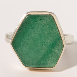 Jamie Joseph:Sterling & 14K Gold Ring w/Asymmetrical Hexagon EMERALD on Middle Organic Band, size 7.25, 5/8 x 9/16