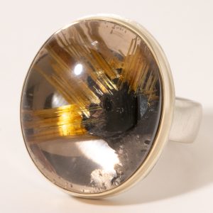Jamie Joseph:Sterling & 14K Gold Ring w/ Oval, Smooth Vertical STAR RUTILATED QUARTZ on Comfort Band, size 8, 13/16 x 5/8