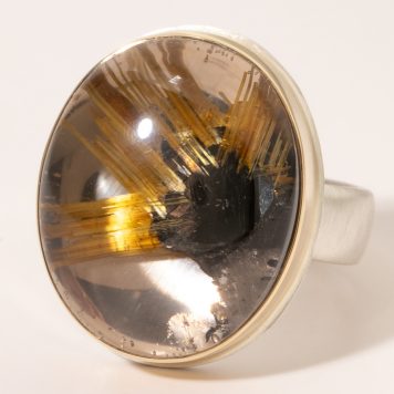 Jamie Joseph:Sterling & 14K Gold Ring w/ Oval, Smooth Vertical STAR RUTILATED QUARTZ on Comfort Band, size 8, 13/16 x 5/8