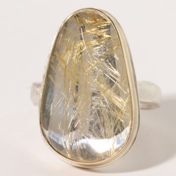 Jamie Joseph:Sterling & 14K Gold Ring w/ Vertical Asymmetrical Faceted GOLDEN RUTILATED QUARTZ on Middle Groovy Band, size 8, 15/16 x 9/16