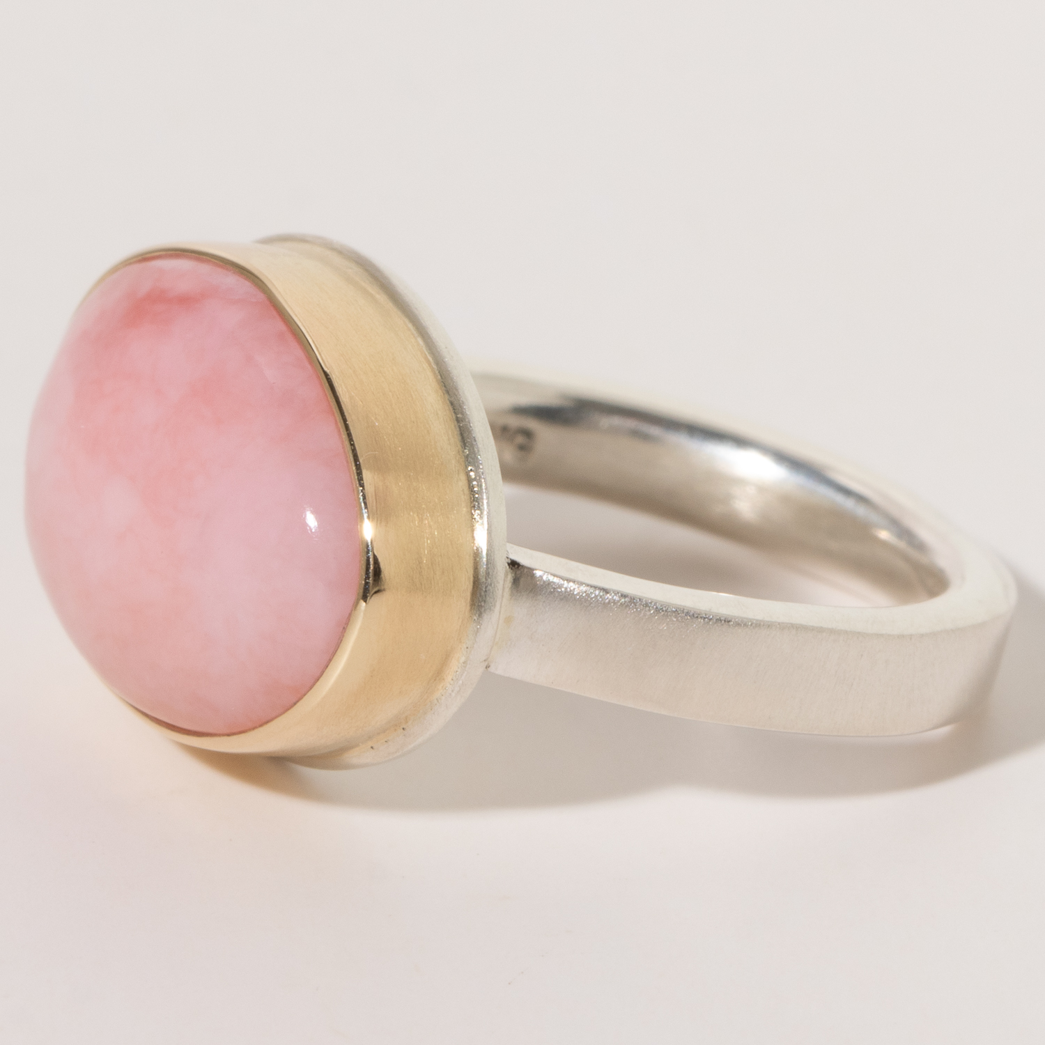 Jamie Joseph:Sterling & 14K Gold Ring w/Asymmetrical PINK PERUVIAN OPAL on X Band, size 7.25, 7/16 x 11/16
