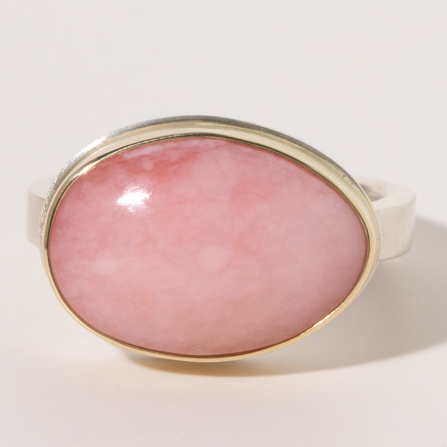 Jamie Joseph:Sterling & 14K Gold Ring w/Asymmetrical PINK PERUVIAN OPAL on X Band, size 7.25, 7/16 x 11/16