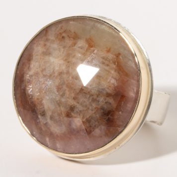 Jamie Joseph:Sterling & 14K Gold Ring w/ Round Faceted BROWN SAPPHIRE on Wide Bark Band, size 8, 7/8 diameter