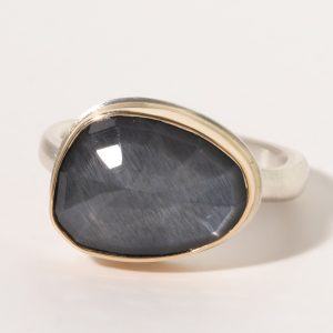 Jamie Joseph:Sterling & 14K Gold Ring w/ Small Asymmetrical, Faceted Grey Moonstone on Middle Organic Band, size 7, 7/16 x 9/16