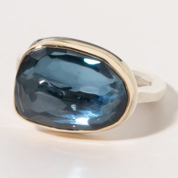 Jamie Joseph:Sterling & 14K Gold Ring w/ Small Asymmetrical Faceted LONDON BLUE TOPAZ on Skinny Live Edge Band, size 7.5, 7/16 x 5/8