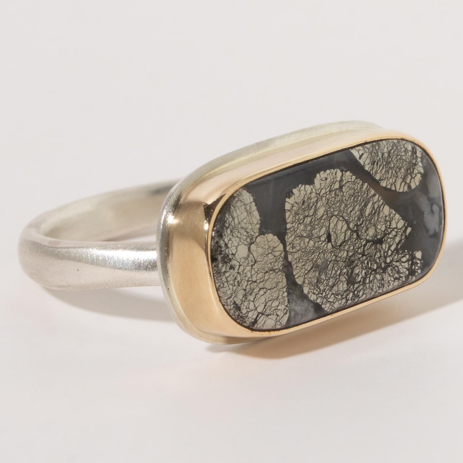 Jamie Joseph:Sterling & 14K Gold Ring w/ Rectangular PYRITE in AGATE on Middle Organic Band, size 7.5, 3/8 x 3/4
