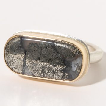 Jamie Joseph:Sterling & 14K Gold Ring w/ Rectangular PYRITE in AGATE on Middle Organic Band, size 7.5, 3/8 x 3/4