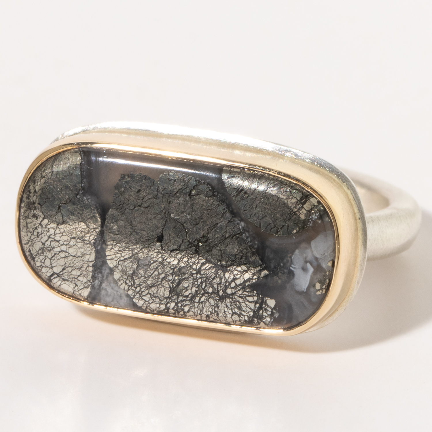 Jamie Joseph:Sterling & 14K Gold Ring w/ Rectangular PYRITE in AGATE on Middle Organic Band, size 7.5, 3/8 x 3/4