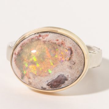 Jamie Joseph:Sterling & 14K Gold Ring w/ Oval MEXICAN FIRE OPAL on Middle Bark Band, size 7, 1/2 x 5/8