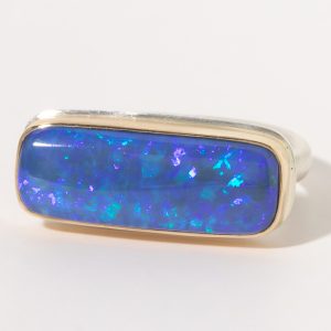Jamie Joseph:Sterling & 14K Gold Ring w/RectangularAUSTRALIAN OPAL on Egyptian Band, size 7.5, 5/16 x 13/16