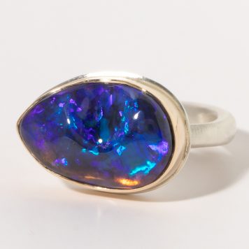 Jamie Joseph:Sterling & 14K Gold Ring w/Asymmetrical AUSTRALIAN OPAL on Egyptian Band, size 8, size 7/16 x 5/8