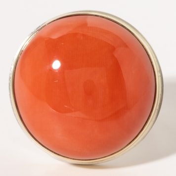 Jamie Joseph:Sterling Silver & 14K Gold Ring w/ Round Smooth RED CORAL on Groovy Band, size 7 3/4, 13/16 diameter