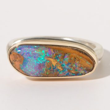Jamie Joseph: Sterling & 14K Gold Asymmetrical OPALIZED AUSTRAILIAN OPAL on Middle Organic Band, size 7, 1/4" x 11/16"