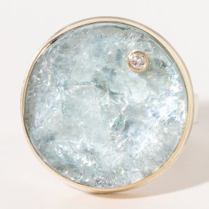 Jamie Joseph: Sterling & 14K Gold Ring w/ Round Surface Cut AQUAMARINE & .03 ct Diamond on Comfort Y Band, size 8, 13/16" diameter