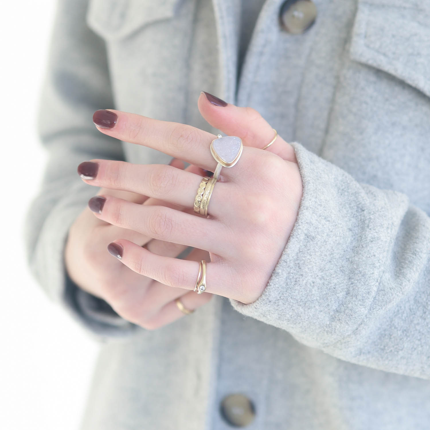 Jamie Joseph:Sterling & 14K Gold Ring w/ Small Asymmetrical BRAZILIAN WHITE/PINKISH DRUSY & .025 ct Satellite Diamond on Egyptian Band, size 7.25, 1/2 x 1/2