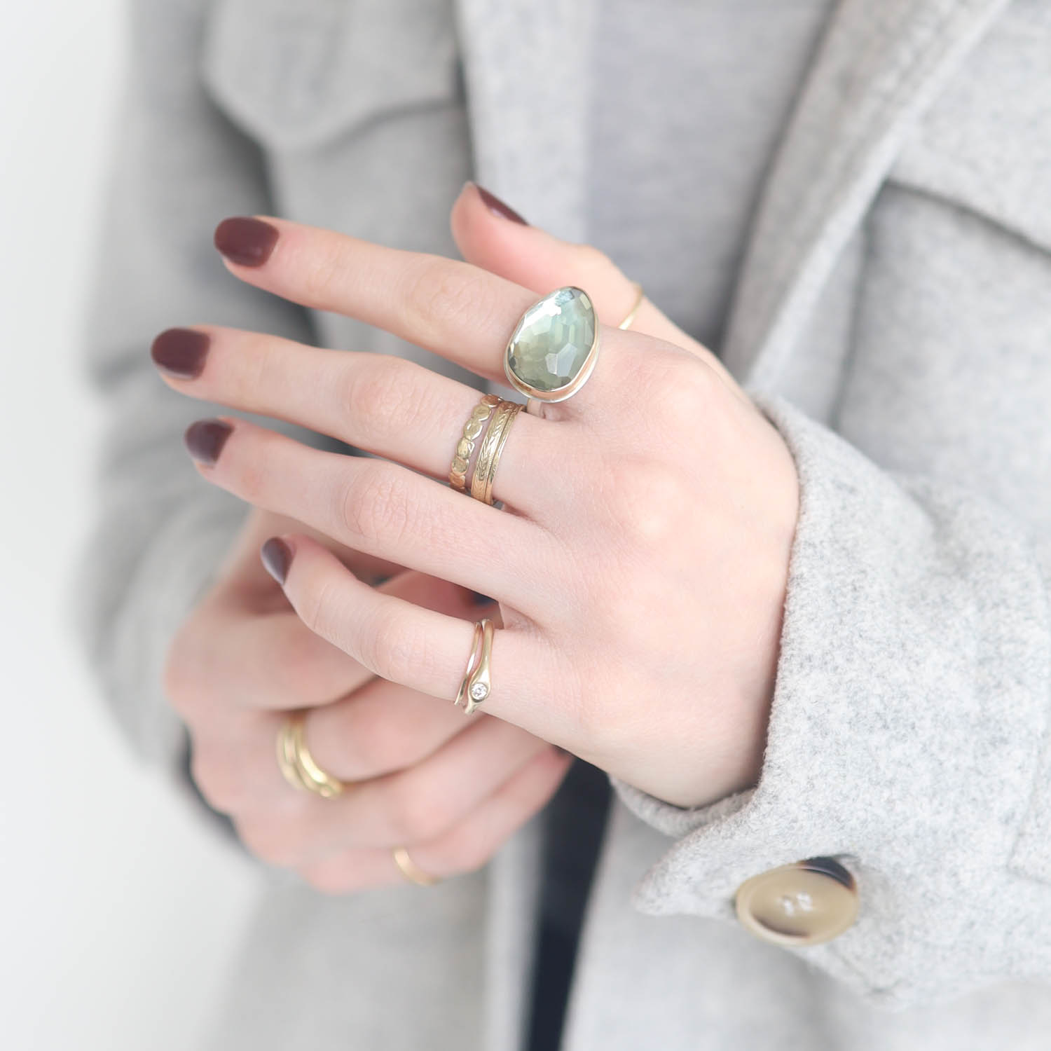 Jamie Joseph:Sterling & 14K Gold Ring w/Asymmetrical Faceted MINT QUARTZ on Middle Groovy Band, size 8, 1/2 x 3/4