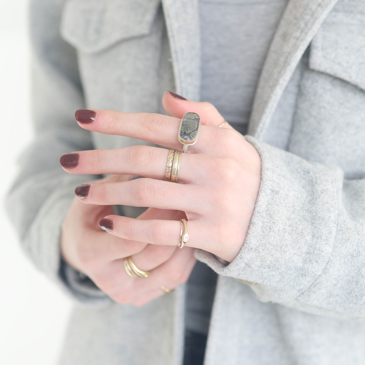 Jamie Joseph:Sterling & 14K Gold Ring w/ Rectangular PYRITE in AGATE on Middle Organic Band, size 7.5, 3/8 x 3/4