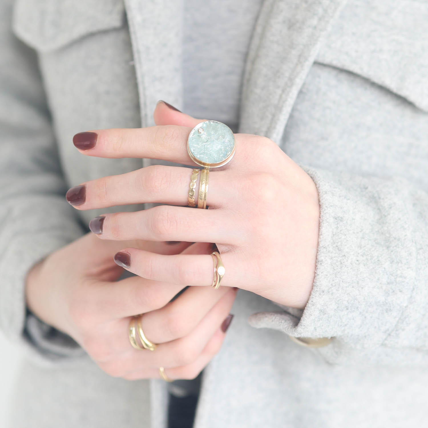 Jamie Joseph: Sterling & 14K Gold Ring w/ Round Surface Cut AQUAMARINE & .03 ct Diamond on Comfort Y Band, size 8, 13/16" diameter