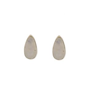 Jane Diaz: Shiny Tear Drop Studs, SS, Rainbow Moonstone