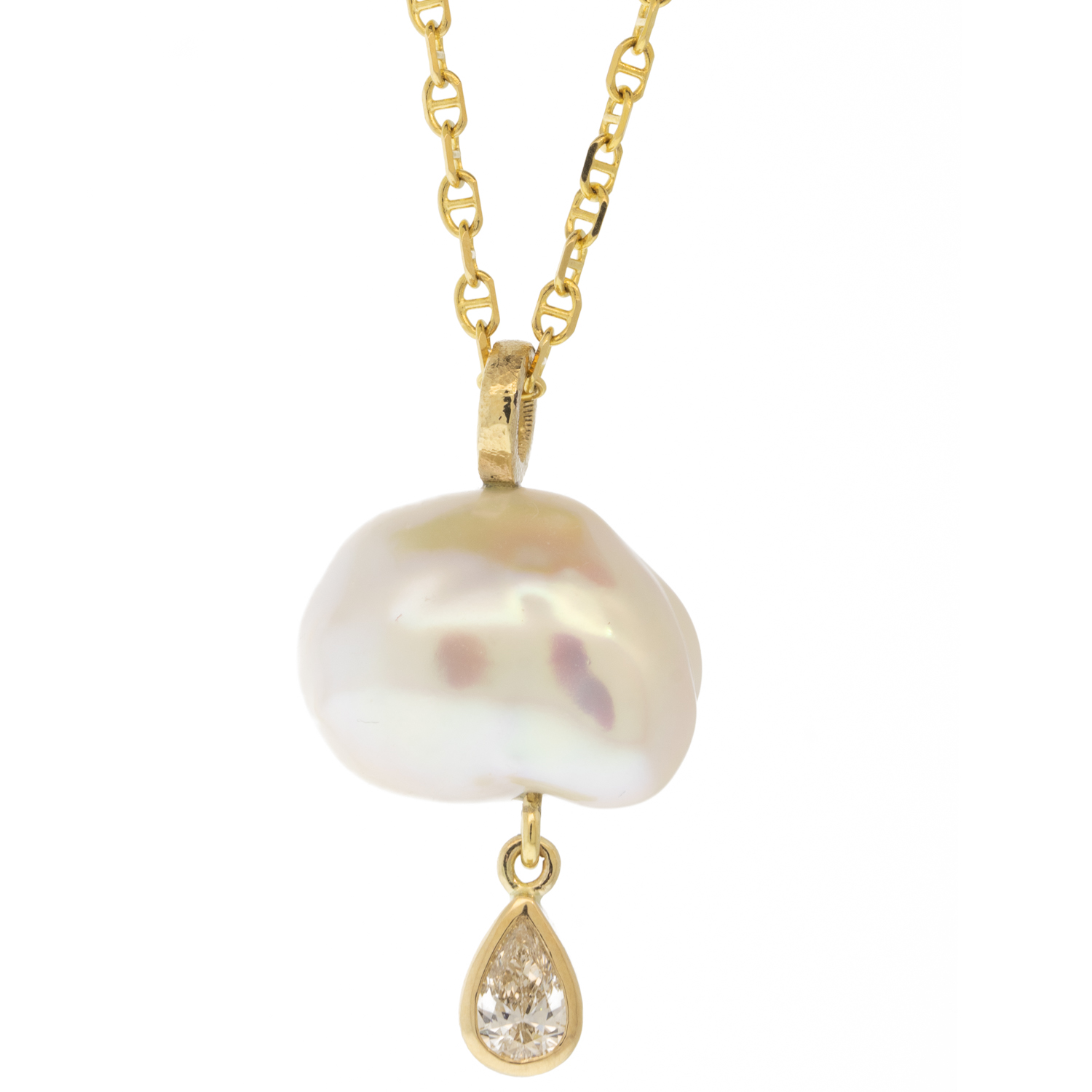 Alison Shiboski: 14k South Sea Pearl Cloud w/ 0.48ct pear shaped diamond, 18" mariner chain