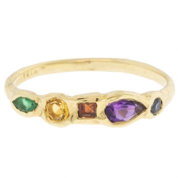 Misa Jewelry: Journey Treasure Rainbow Ring, 14kyg blue sapphire, Amethyst/ red garnet/ emerald sz. 6.5