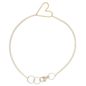 Jane Hollinger: 6 3/4" Sterling Silver Large 14k Gold Wire Heart Bracelet, Heart Measures 1/2" x 1/2"