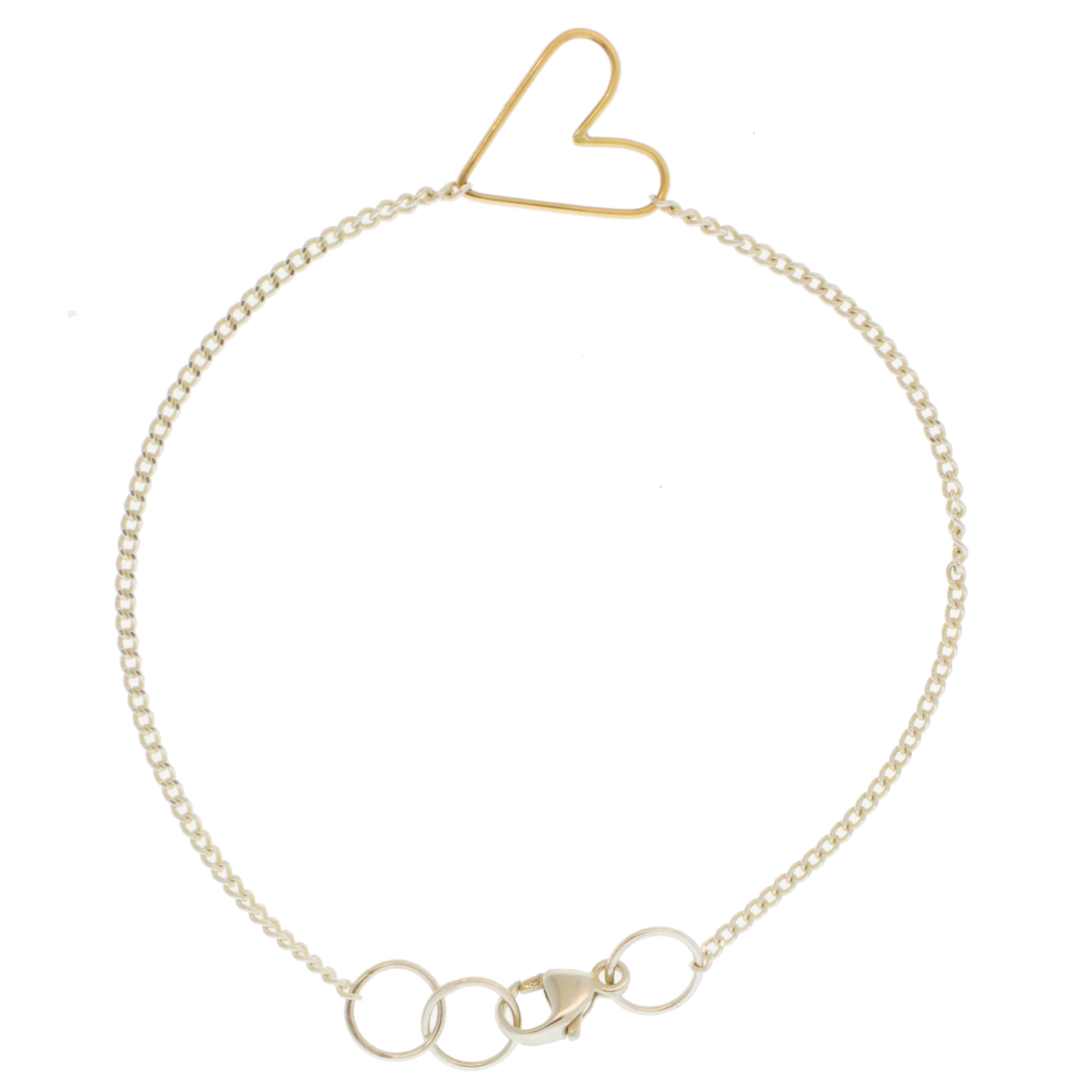 Jane Hollinger: 6 3/4" Sterling Silver Large 14k Gold Wire Heart Bracelet, Heart Measures 1/2" x 1/2"