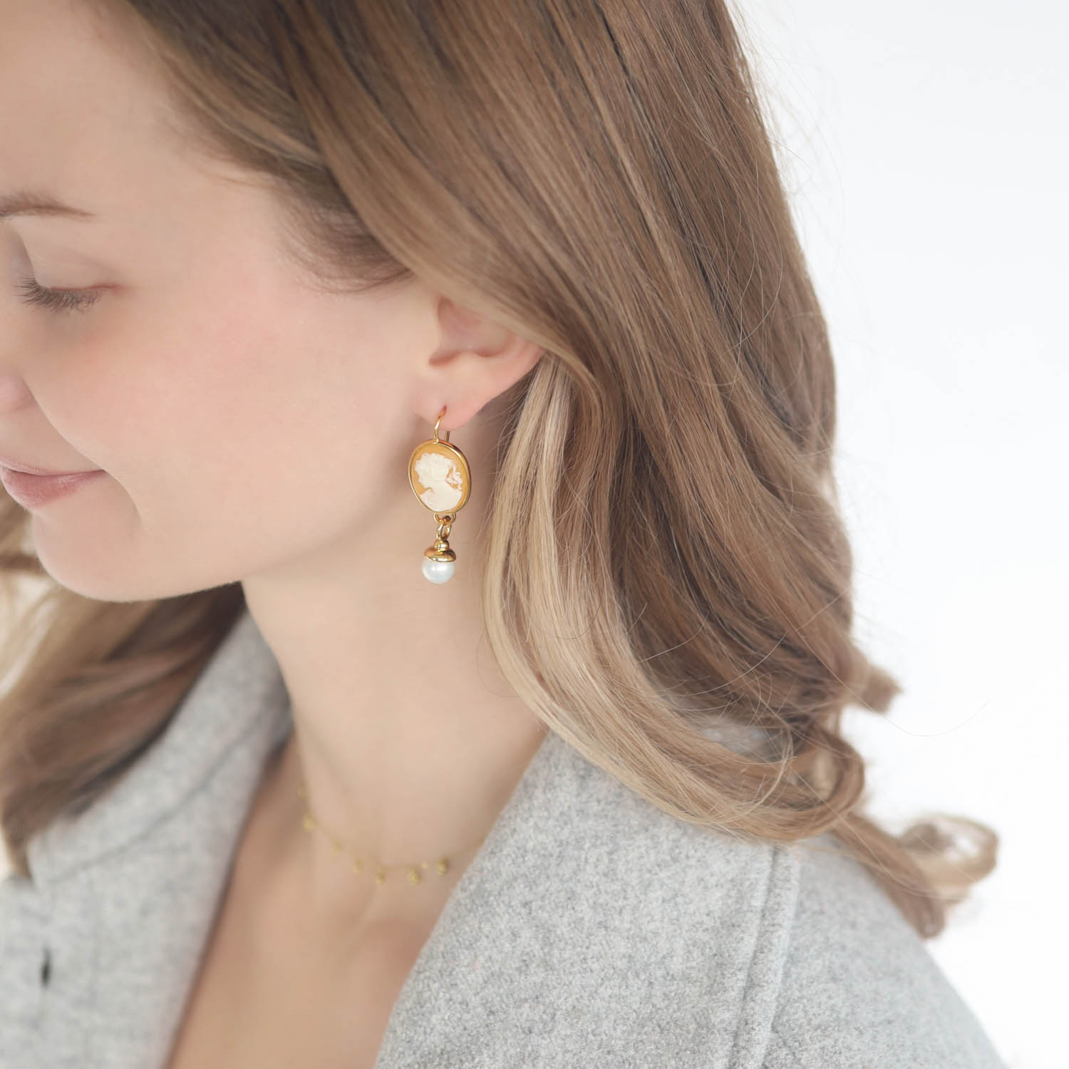 Catherine Canino: Classic Cameo Pearl Drop Earwire - Gilt Lady