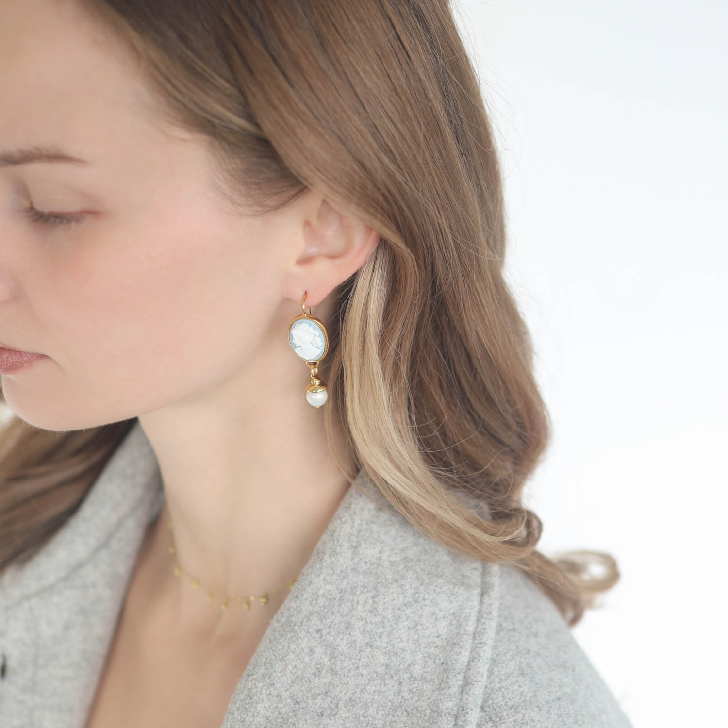 Catherine Canino: Classic Cameo Pearl Drop Earwire - Wedgewood Lady