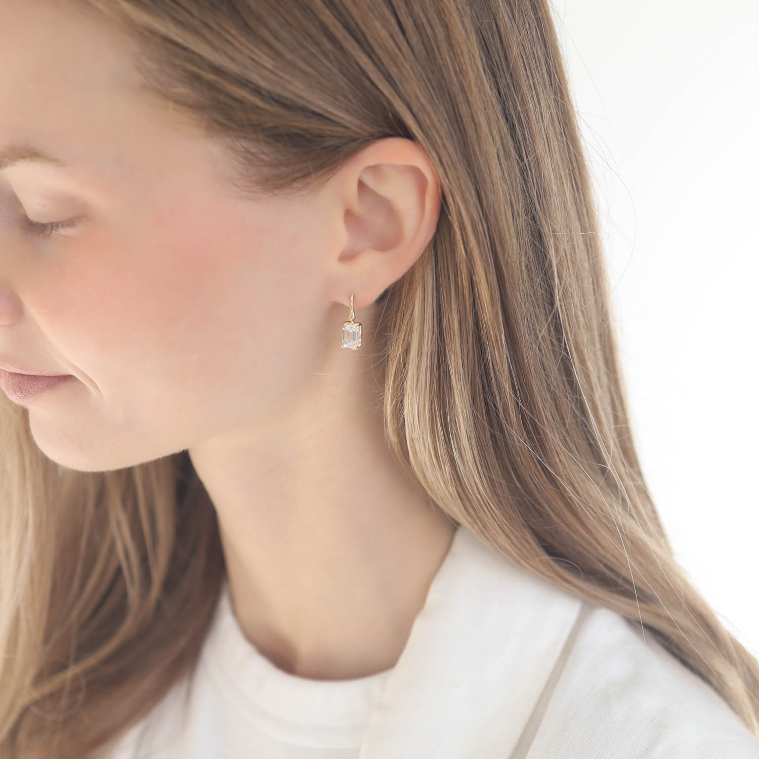 Robin Haley: Earrings, 14k Gold, Emerald Cut Lab Grown Diamonds, Branch, 2.4 Carat Pair