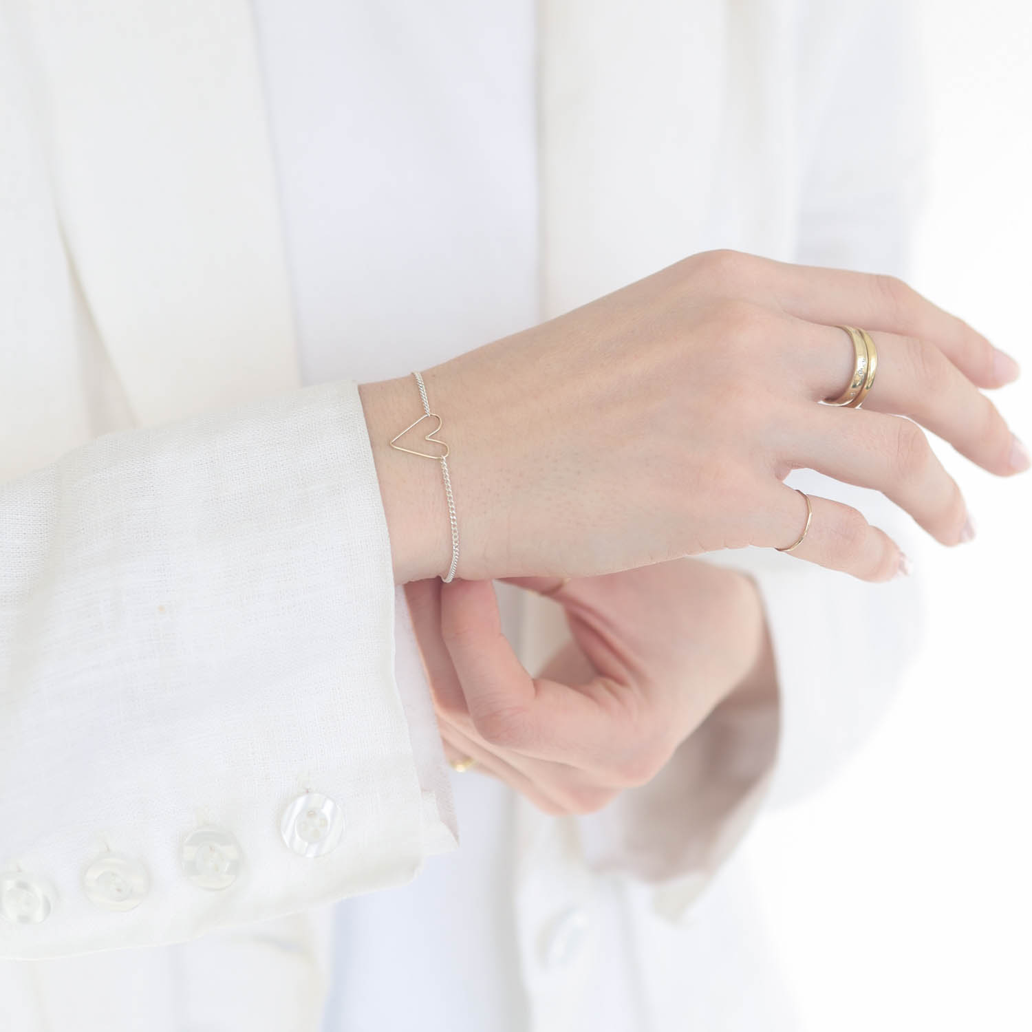 Jane Hollinger: 6 3/4" Sterling Silver Large 14k Gold Wire Heart Bracelet, Heart Measures 1/2" x 1/2"