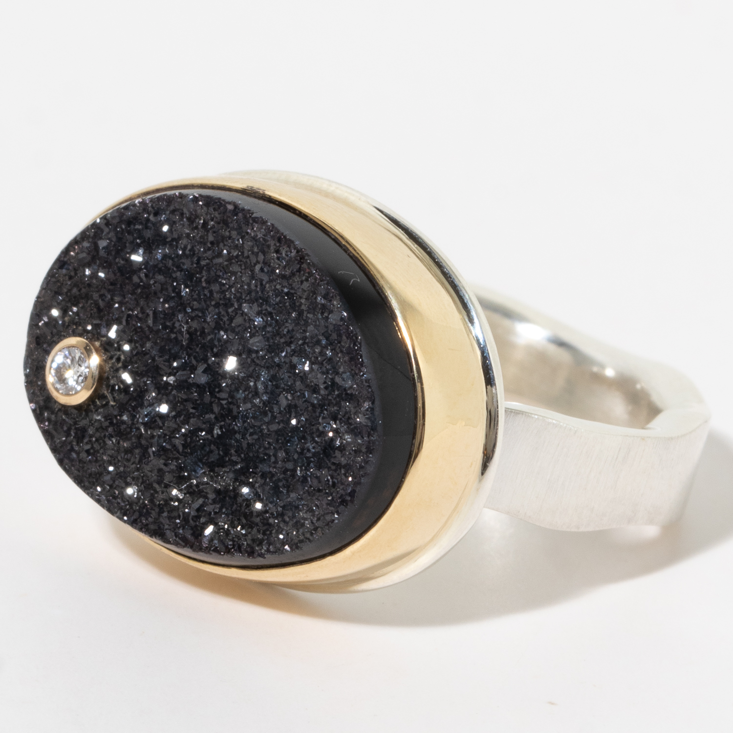 Jamie Joseph:Sterling & 14K Gold Ring w/ Oval BRAZILIAN BLACK DRUSY & .03 Pt Diamond on Live Edge Band, sz 7.75, 9/16 x 3/4