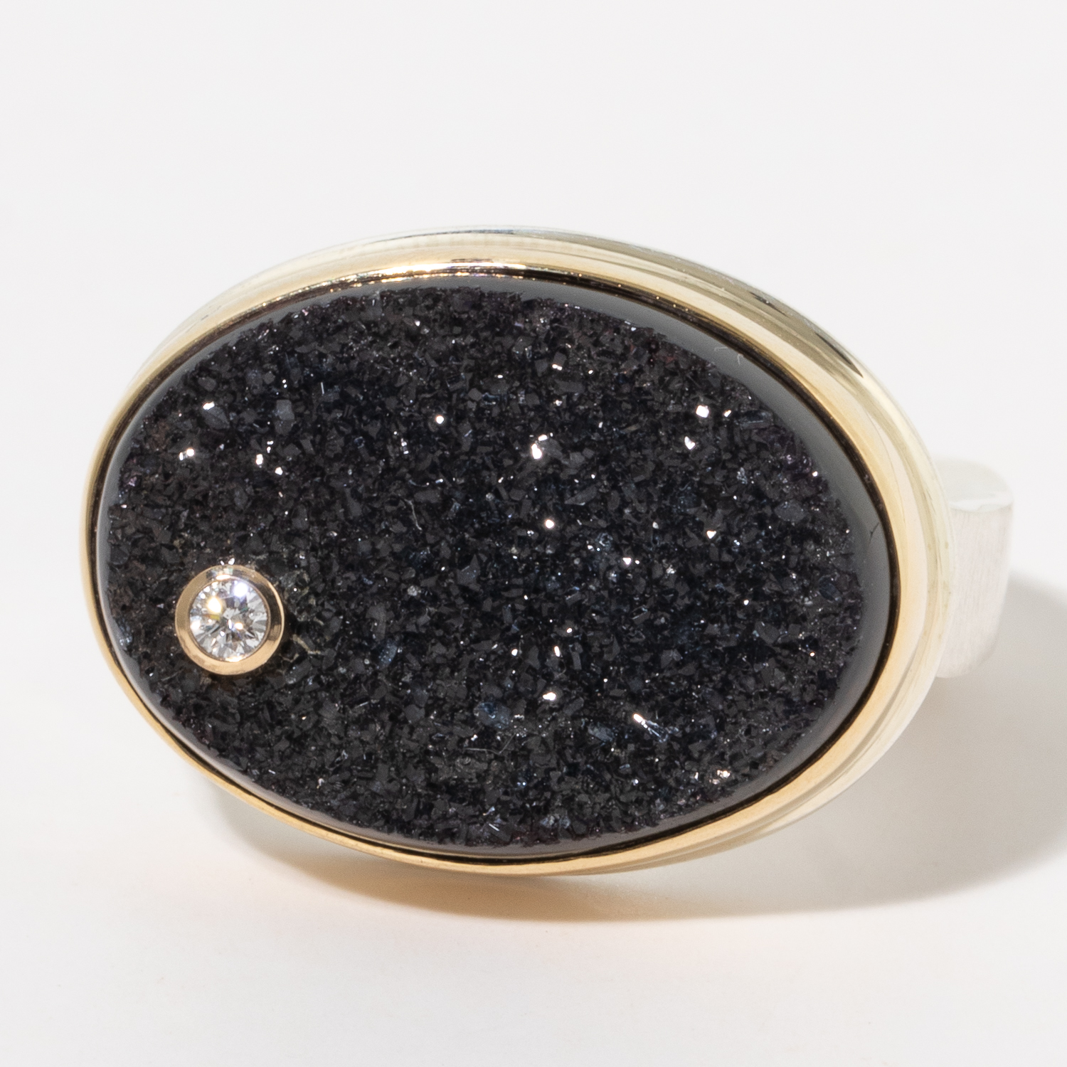 Jamie Joseph:Sterling & 14K Gold Ring w/ Oval BRAZILIAN BLACK DRUSY & .03 Pt Diamond on Live Edge Band, sz 7.75, 9/16 x 3/4
