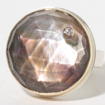 Jamie Joseph:Sterling & 14K Gold Ring w/ Round Rose Cut BLACK MOTHER OF PEARL w/ ROCK CRYSTAL Top and .03 Pt Diamond on Comfort Y Band, sz 7.5, 3/4 diameter